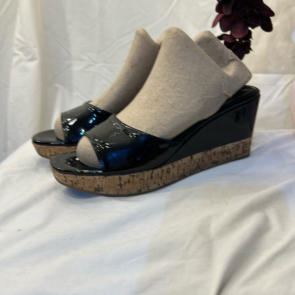 Prada Black Patent leather Cork Slide on Wedge heels US 7
